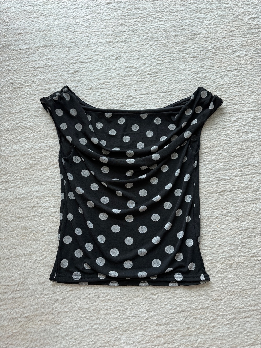 Urban Outfitters Kimchi Blue Fia Polka Dot Mesh Asymmetrical Off-The-Shoulder To - Picture 2 of 6